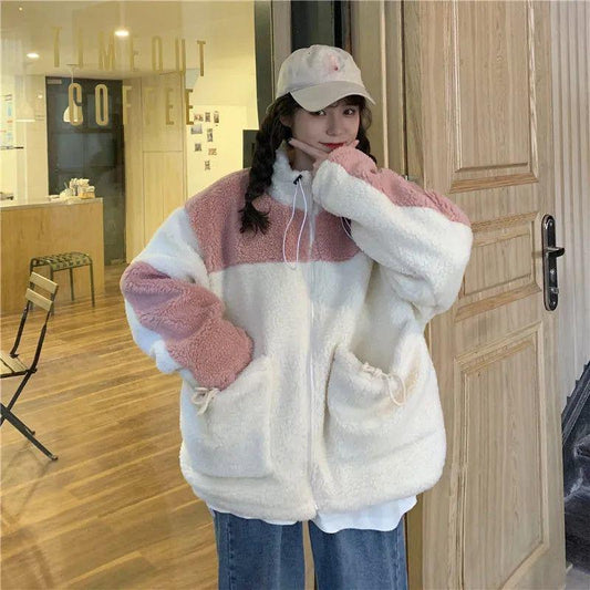 Lamb Wool Stand-up Collar Jacket Female BF Color Matching Loose Cardigan Zipper Plus Velvet Thick Warm Jacket Ladies Casual Warm Jacket