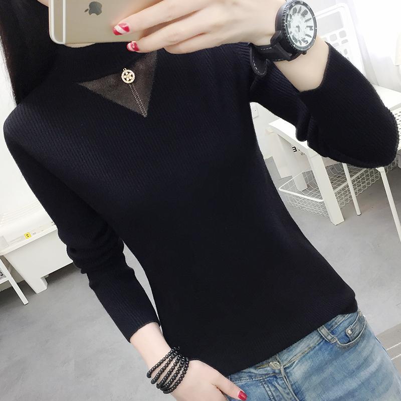 Pofulove Women Turtleneck Pullover Tops Slim Knit Fall / Winter Hollow Gauze Long sleeve Sweater