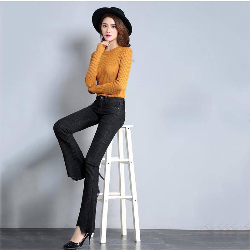 Jeans Flare-Pants Stretch Women Hight Waisted Wide Leg Denim Jeans Stretch Slim Pants Length Jeans