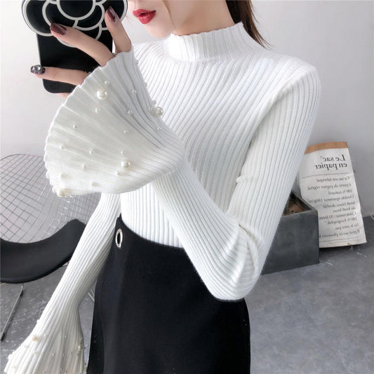 Flared Sleeves Pullover Sweater Women Autumn and Winter Slim Beaded Sweater All-match Bottoming Shirt