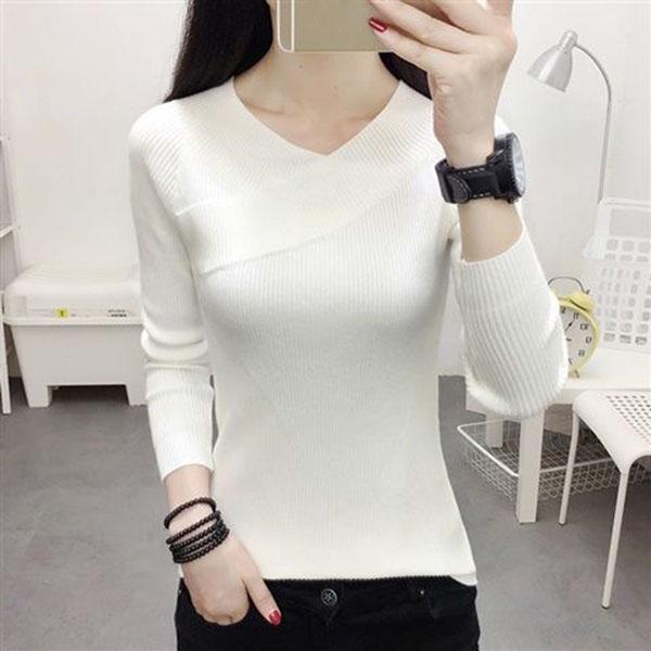 Autumn and Winter V-neck Slim Bottoming Shirt Fashion Casual Knit Top Solid Color Long-sleeved Women's Sweater