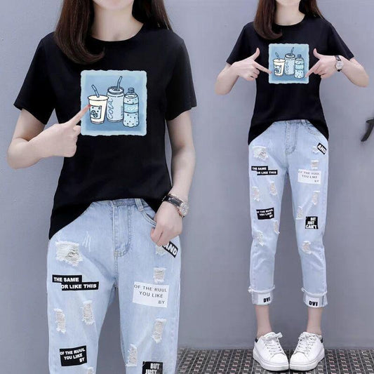 Denim Casual Suit Female Short-sleeved T-shirt Nine Points Jeans Loose Casual Cute Two-piece Printed Casual T-shirt Suit
