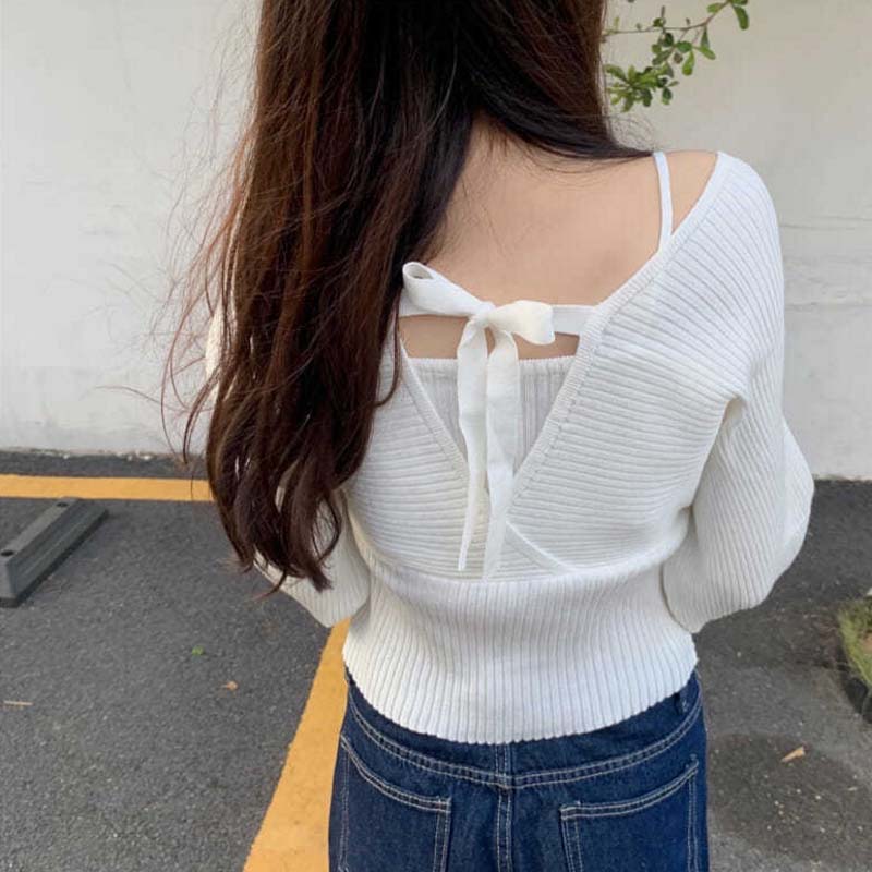 Ladies Spring and Autumn Fake Two-piece Long-sleeved V-neck Pullover Off-shoulder Bottoming Top with Short Sweater Knitwear