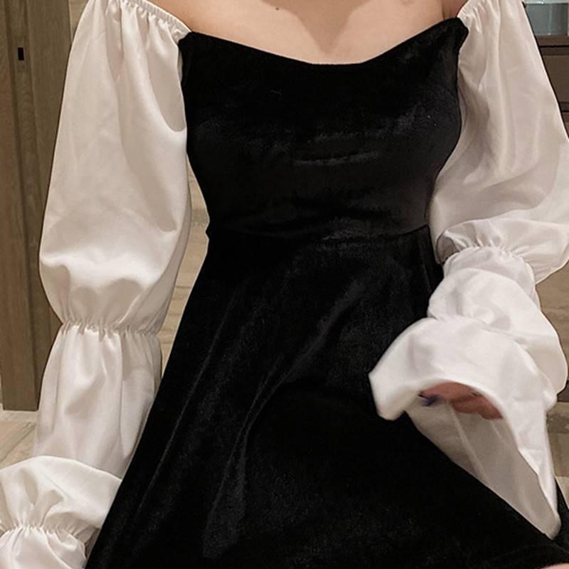 Fashion Sweet Pleuche Dress Stylish Sexy Slash Neck Puff Sleeve Slim Spring Sundress Vestidos