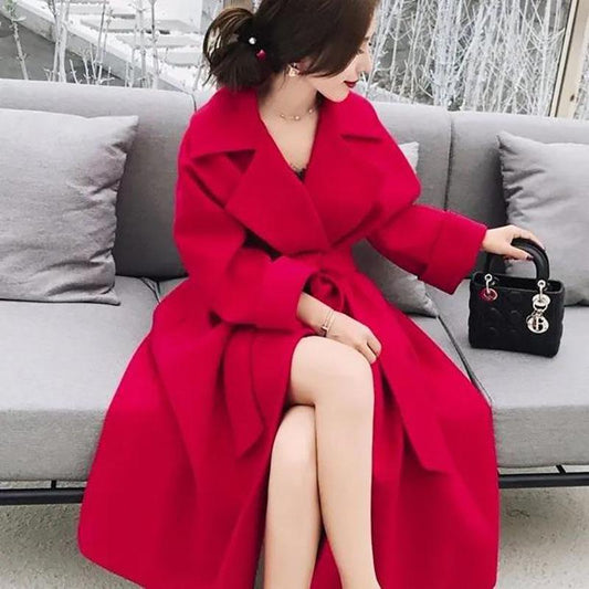 Autumn and Winter Woolen Coat Korean Style Slim Woolen Coat Women's Thick Plus Size Mid-length Over-the-knee Coat