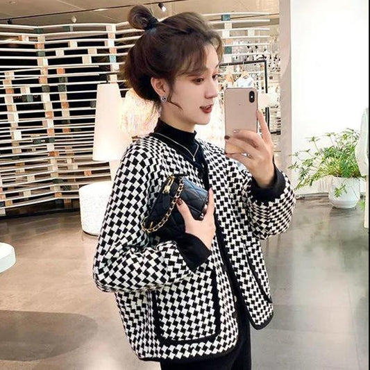 Temperament Small Fragrance Round Neck Houndstooth Short Coat Women's Spring and Autumn All-match Long-sleeved Round Neck Top