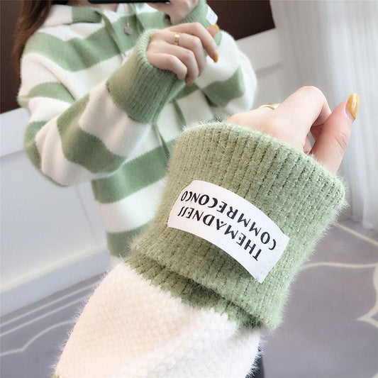 Autumn Winter Thick Color-blocking Striped Pullover Sweater Women Imitation Mink Sweater Women Mohair Hooded Sweater Outwear