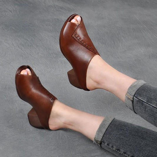 Soft Leather Retro Thick Heel Outer Wear Slippers Fish Mouth Shoes Middle Heel Soft Leather Mother Shoes Comfortable Breathable Sandals