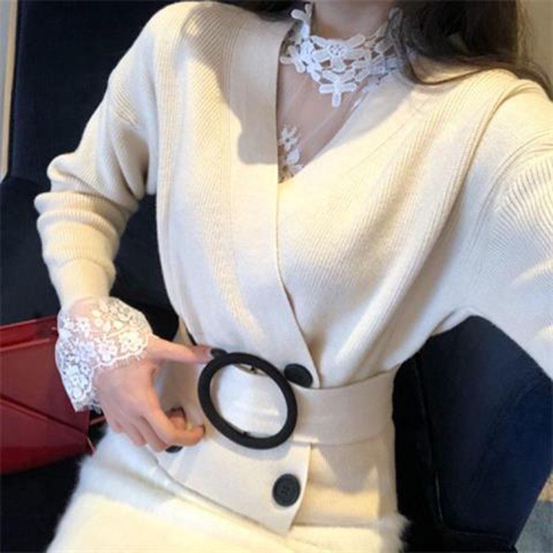 Vintage V-neck Slim Cardigan Sweater Women's Short Loose Knit Sweater Short Cardigan Coat with Belt