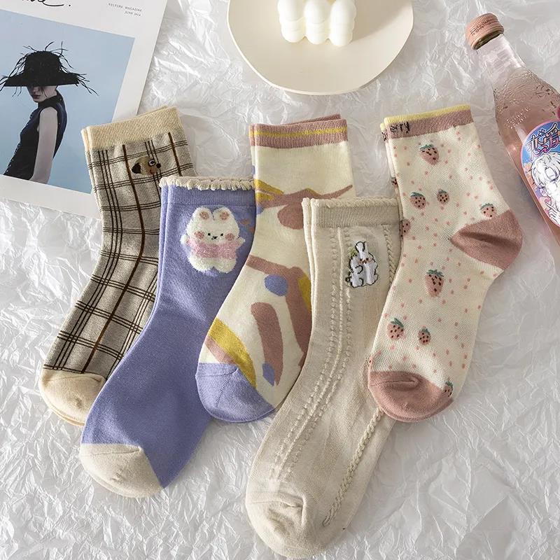 Five Pairs of Women's Socks Fashion Print Cartoon Pattern Socks Winter Thick Pile Pile Socks