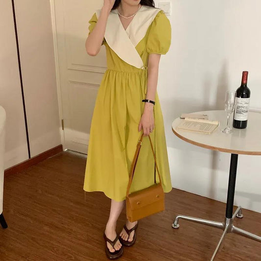 Women's Summer Long Dress Round Neck Puff Sleeves Solid Color V-Neck Dress