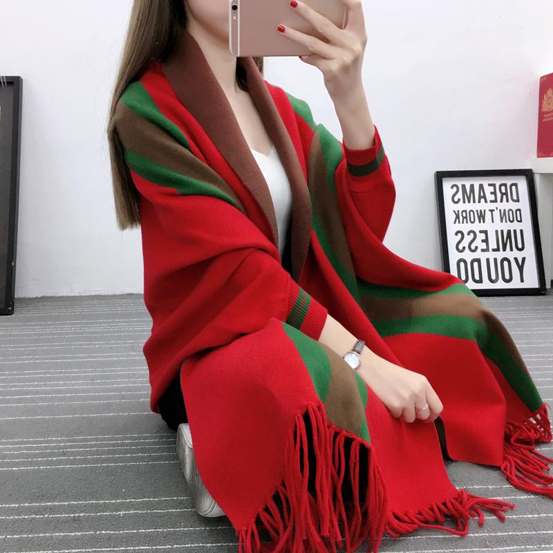 Thicken and Increase Cashmere Feel Long Tassel Shawl Knitted Cardigan Striped Sweater Coat Warm Wrap Women Spring and Autumn