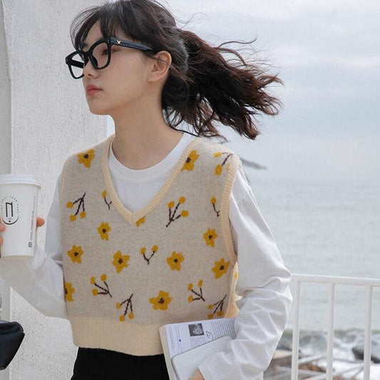 Sweater Vest Women Vintage Sleeveless Knitted Crop Tops Girls Patchwork Flowers Spring Simple Casual V-neck