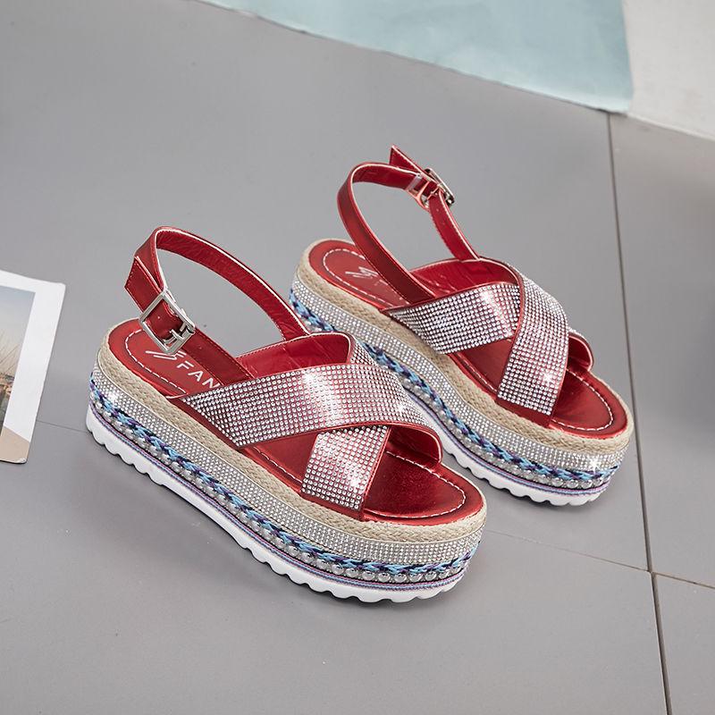 2020 Spring and Summer Trend Wind Fork Open Toe Wild Rhinestone Thick Bottom Muffin Women Sandals Women Shoes