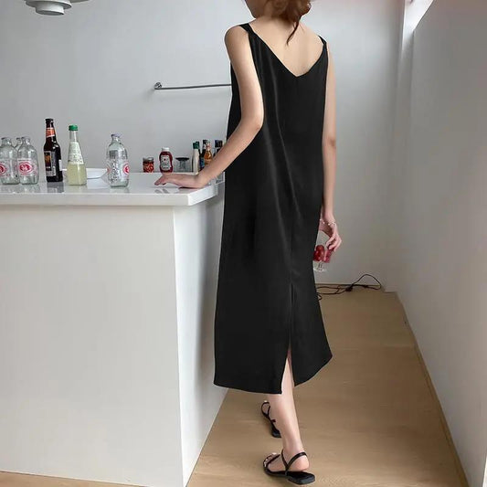 Black Split Fork Chiffon Sling Dress Women's Large Size Mid-length Basic Base Skirt Sexy Soft and Comfortable