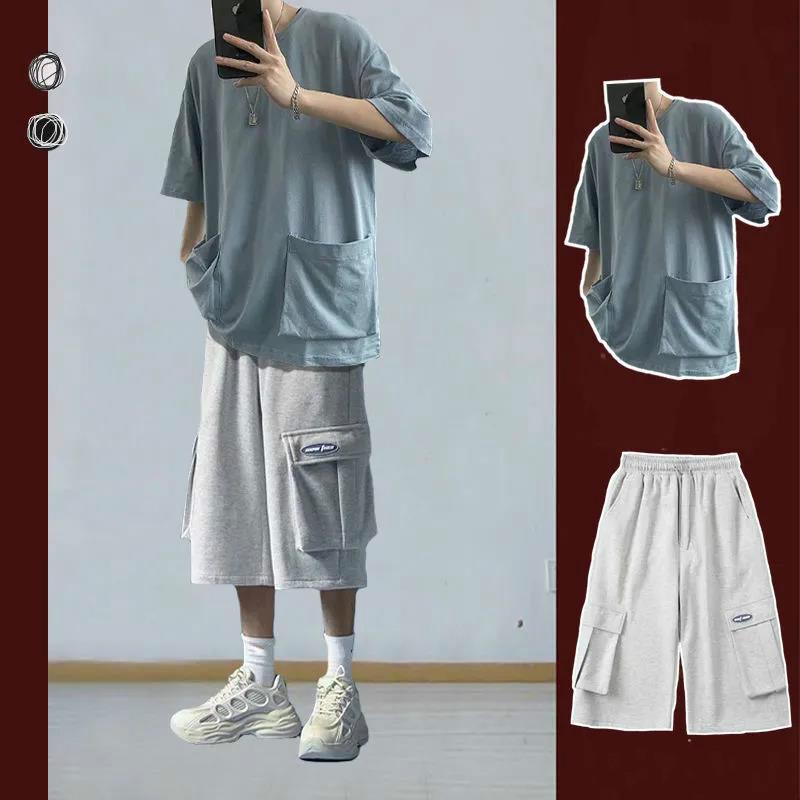 Summer Solid Color Two-piece Casual Five-point Sleeve Suit Male Student Big Pocket T-shirt Men's Seven-point Guard Pants