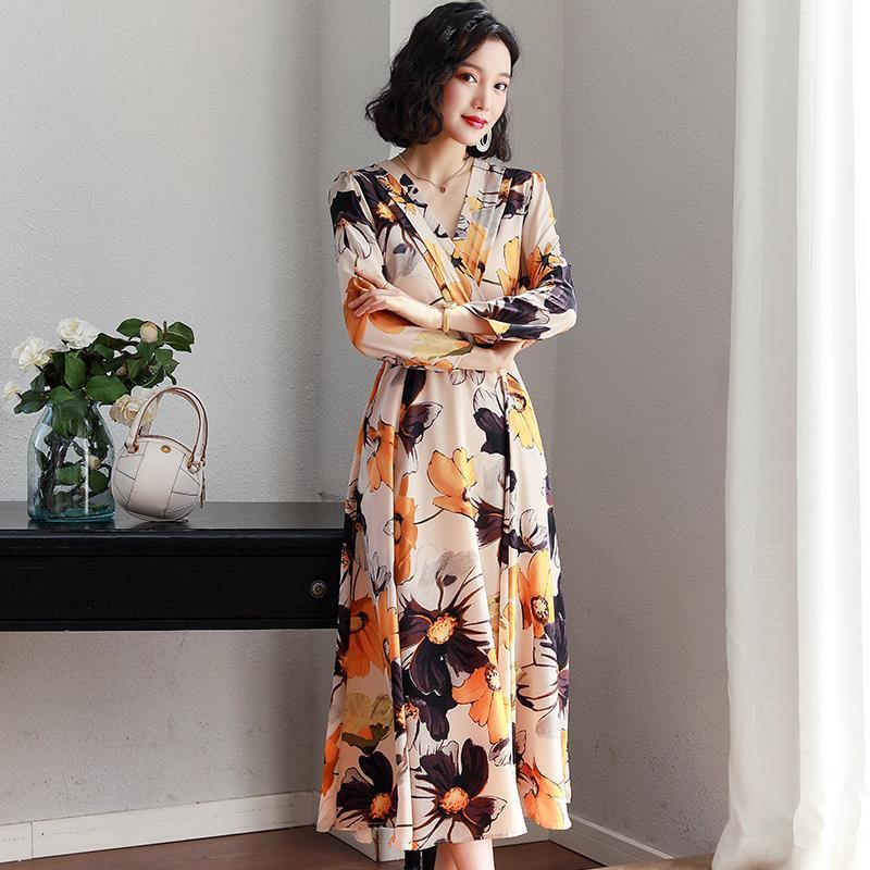 Women's spring and autumn clothing floral skirt woman long dress large size long sleeve dress