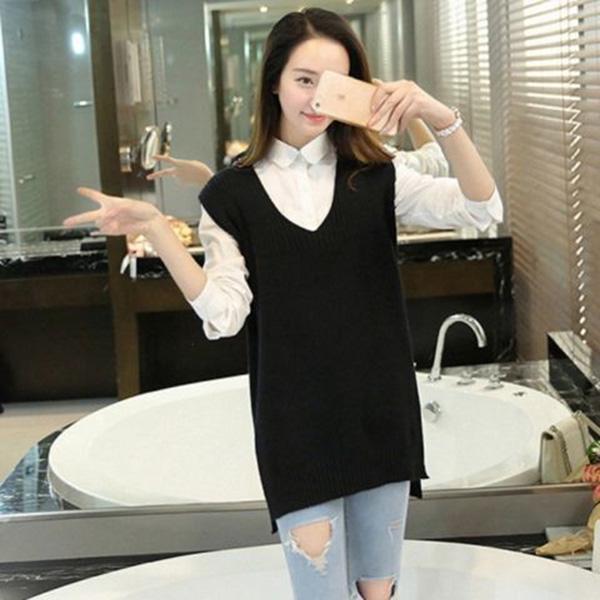 Autumn and Winter Solid Color V-neck Sweater Slim Fit Plus Size Jacket Mid-length Vest Women