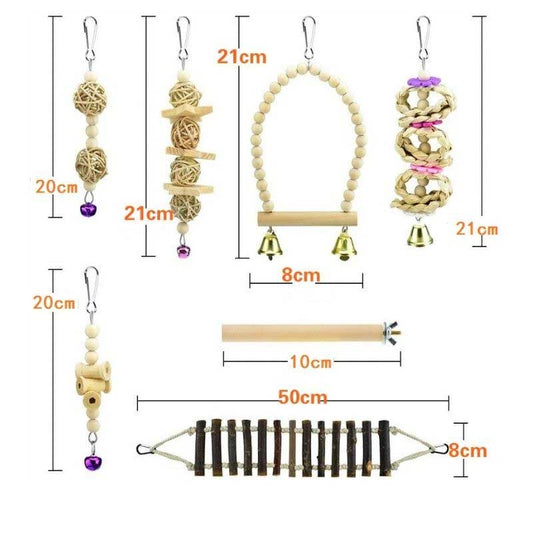 8 Pieces of Parrot Toy Swing Primary Color Wood Gnawing Molar Toy Bird Cage Pendant Supplies Climbing Ladder Rattan Ball