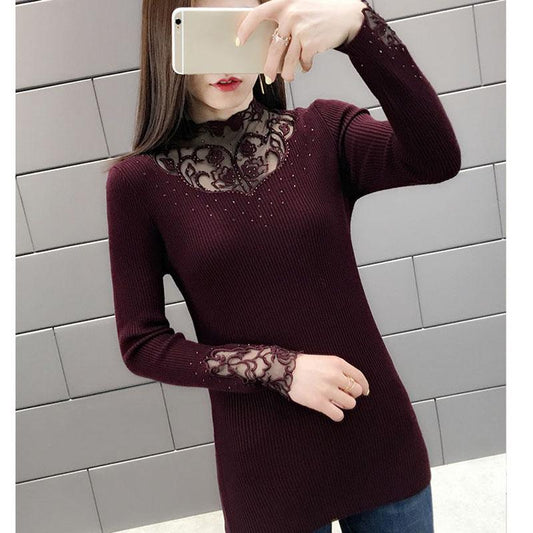 Knit Sweater Slim-fit Sweater Women Autumn and Winter Fashion Outer Wear Lace Collar Bottoming Shirt Young Women Long-sleeved Top