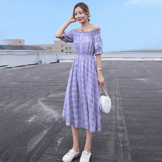 One-word Leaky Shoulder Short-sleeved Red Plaid Long Skirt with Waist and Thin Temperament Chiffon Fairy Dress A-line Skirt with Large Skirt