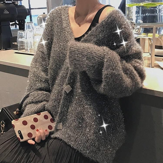 Women Bright Silk Cardigan Jacket Short Loose Lantern Sleeve Sweater Plus Size