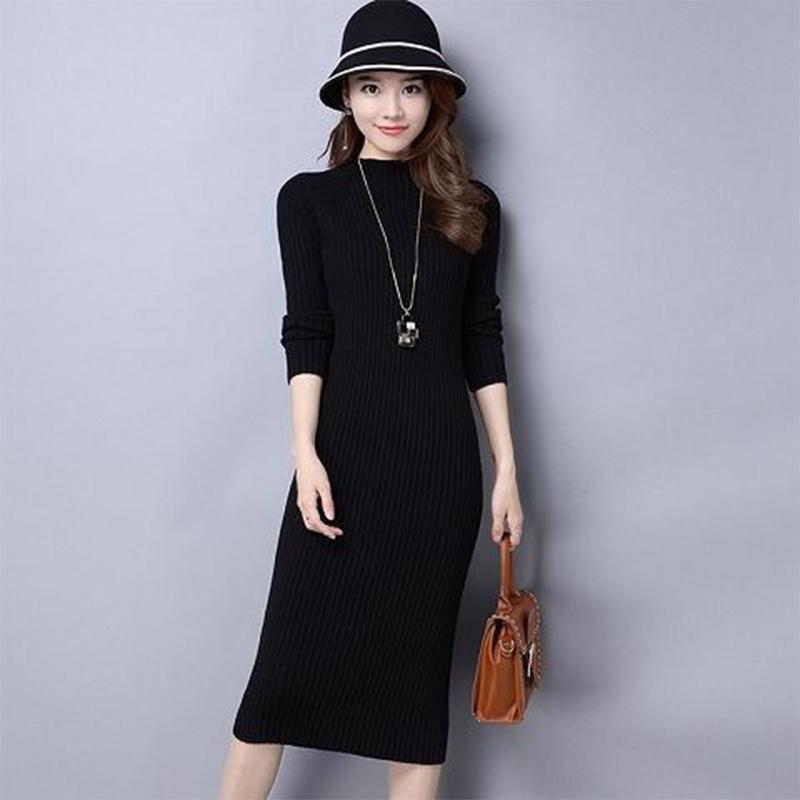 Spring and Autumn Super Long Knitted Dress Women's Slim Bottoming Shirt Half Turtleneck Thickened Sweater Skirt Over The Knee