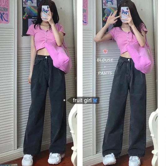 High Waist Stretch Jeans Women's Loose Long Denim Trousers Large Size Wide-leg Jeans Pants Spring and Autumn Casual Straight Denim Pants