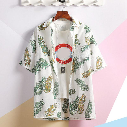 Summer Men Tees Beach Shirt Leaf Print Tee Plus Size Loose Overshirt Half Sleeve Retro Clothes Casual Male Undies Button Up Top