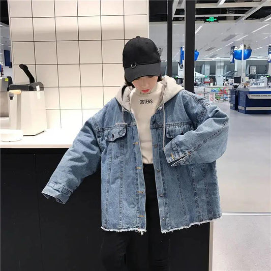 Hooded Casual Denim Long-sleeved Jacket Women's Wild Mid-length Hooded Loose BF Wind Denim Jacket Large Size Jacket