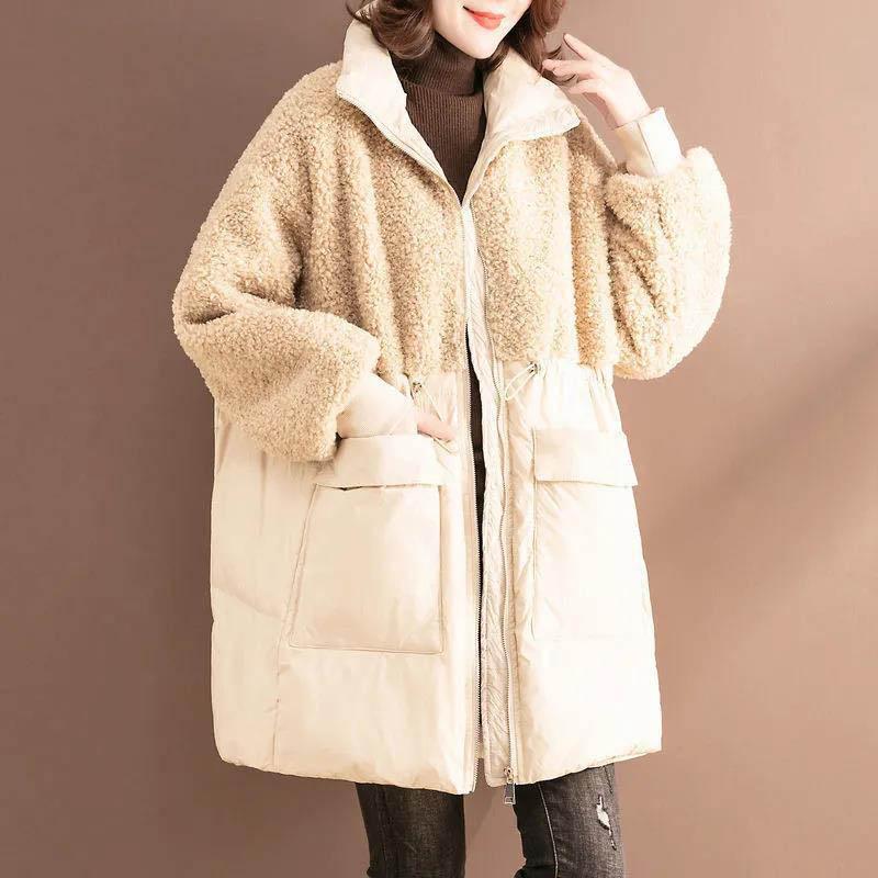 Women's Mid-length Fashion Lamb Wool Cotton-padded Jacket Loose Plus Size Warm Cotton-padded Jacket Women