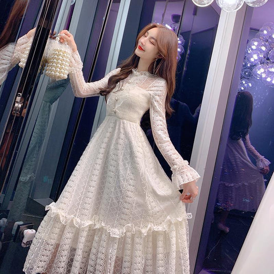 Dress women mid-length autumn and winter waist lace dress female plus size Slim clothing