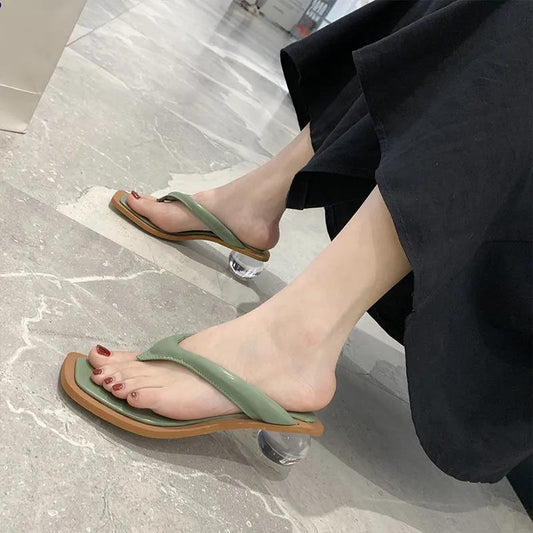 Square-toed Sandals and Slippers Women's Summer Outer Wear Transparent Crystal Medium Thick-heeled Flip-flops Ladies Temperament Sandals and Slippers