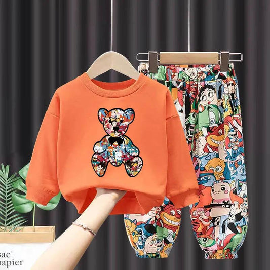 Boys and Girls Wear Cute Bear Print Sweater + Anime Print Pants Casual Loose Spring and Autumn Comfortable Breathable Sweat Two-piece Suit