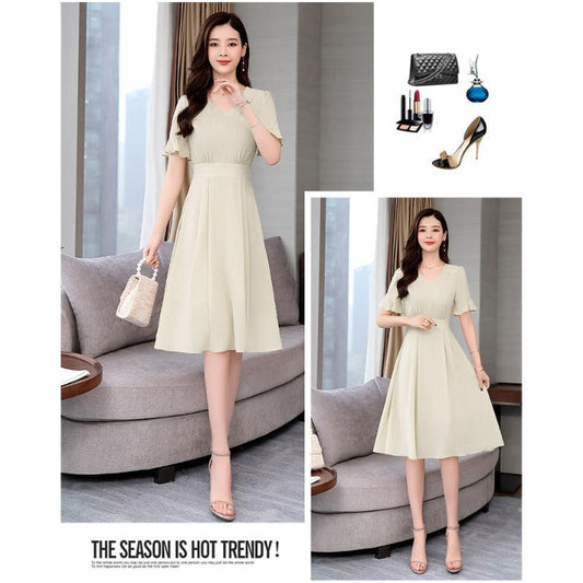 Casual Women's Chiffon Elegant Retro Trend Short Sleeve Spring Summer Mid Length Dress Solid Dress