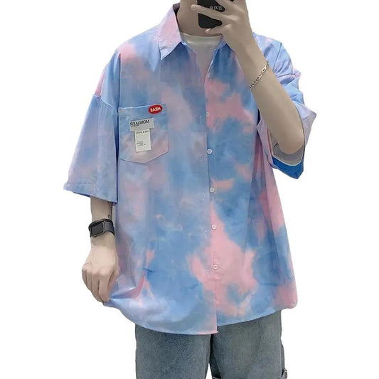 Summer Tie-dye Shirt Men's Short-sleeved Trend Ins Wind Loose Five-point Sleeve Half-sleeved Shirt
