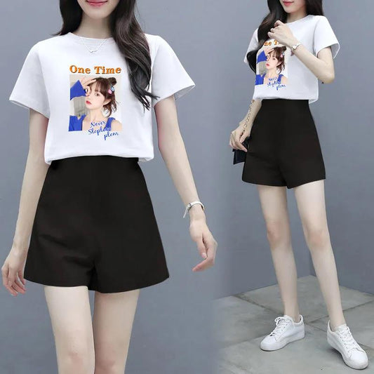 Women Summer Shorts Suit Female Vintage Short Sleeve Print T-shirt & High Waist Slim Wide Leg Black Shorts Two Pieces Casual Set