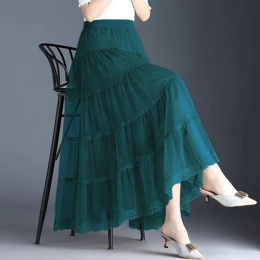 Three-layer Large Swing Mesh Skirt Women's Spring and Summer A-line Pleated Cake Skirt Lace Edge Drape Long Skirt Solid Color Gauze Skirt