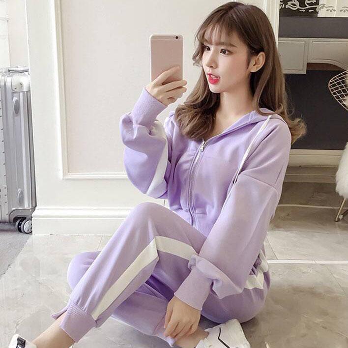 Women Spring Autumn Long Sleeve Slim Hooded Sweater Sportswear Loose Casual Pants Two Piece Set