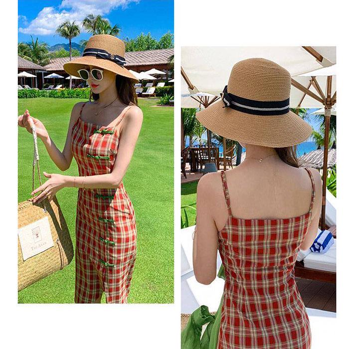 Pofulove Women Retro Thin Strap Cheongsam Dress Below The Knee V-neck Skirt Vacation Beach Dress