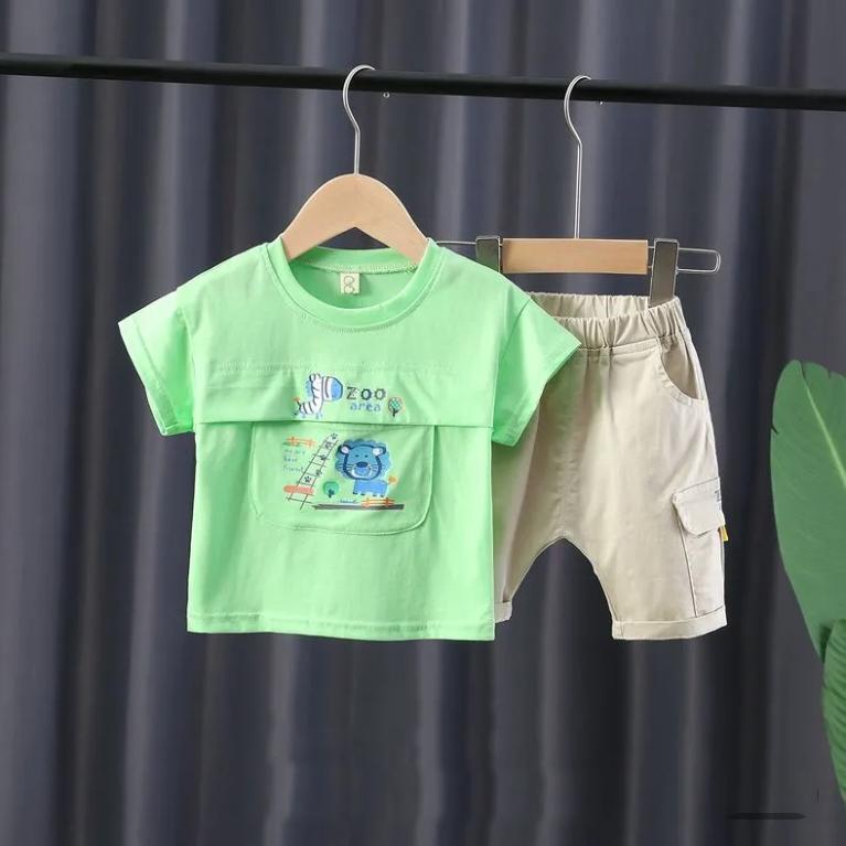 Children's Suit Summer Thin Boys' Korean Printed Lion Loose Stitching T-shirt Pocket Shorts Casual Pants 2-piece Set