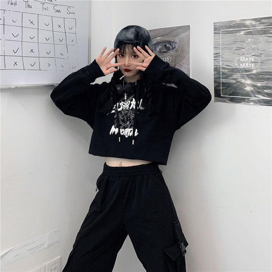 Hoodies Women Cropped Sweatshirt Fashion Printed Hooded Short Hoodies Black Oversized Loose Casual Tracksuit Lady Top Clothes