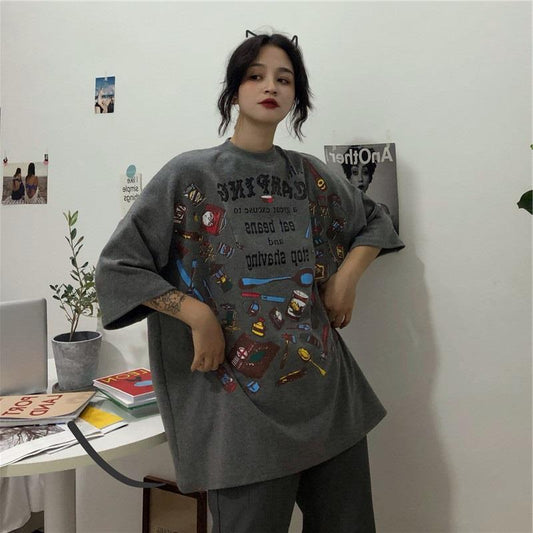 Women Summer Vintage Short Sleeve Round Collar Streetwear T-shirt 3 Colors Loose Versatile Printed Casual Cool T-shirt