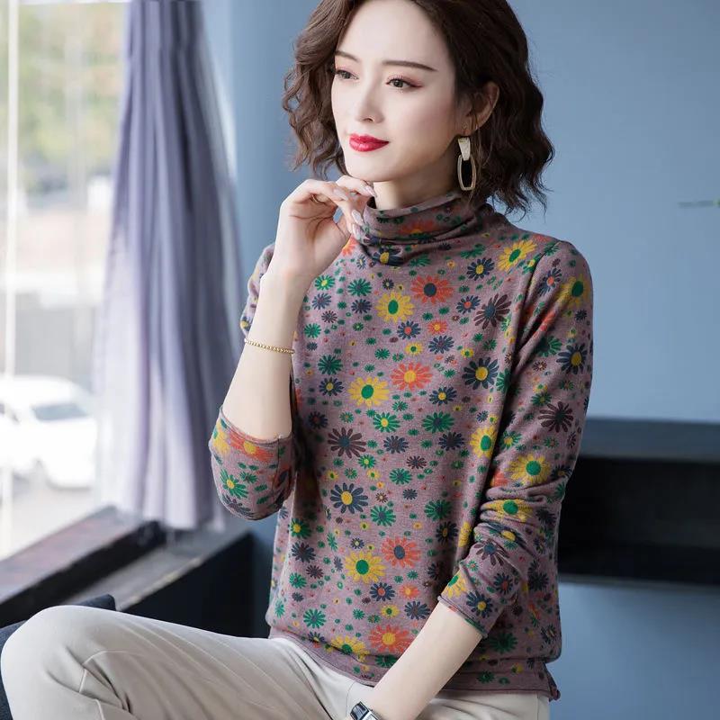 Floral T-shirt Women's Long-sleeved Spring and Autumn Inner Top Solid Color Loose Half Turtleneck Bottoming Shirt Women