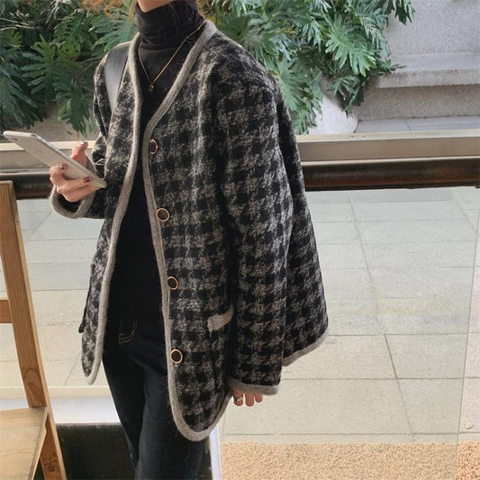 Pink Small Fragrance Style High-quality Coat Women's Spring and Autumn Thickened Plaid Top Ladies Temperament Long-sleeved Round Neck Coat
