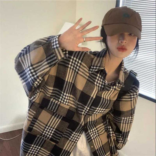Layered Plaid Shirt Women's Spring and Autumn Retro Loose and Lazy Style Shirt Coat