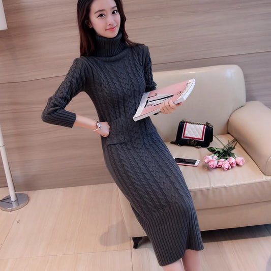 High Neck Long Sweater Autumn and Winter Over The Knee Retro Slim Bottoming Shirt Fashion Knitted Dress