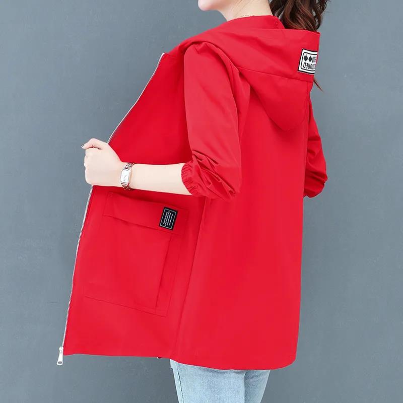 Women Autumn Large Size Casual Mid-length Windbreaker Female Spring Solid Color Long Sleeve Loose Hooded Coat