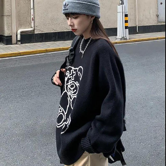 Autumn and Winter Women's Sweater Korean Loose Print Pullover Sweater Cute Round Neck Top