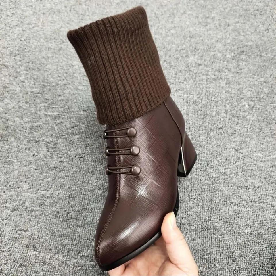 Women's Autumn Non Slip High Heel Short Martin Boots Female Winter Large Size Solid Color Warm Boots